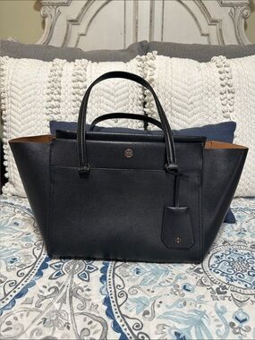 Tory Burch Black Leather Parker Tote with Tan Interior Trim